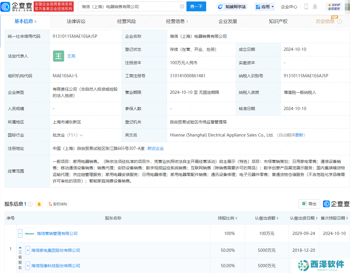 海信（上海）电器销售有限公司股权结构图