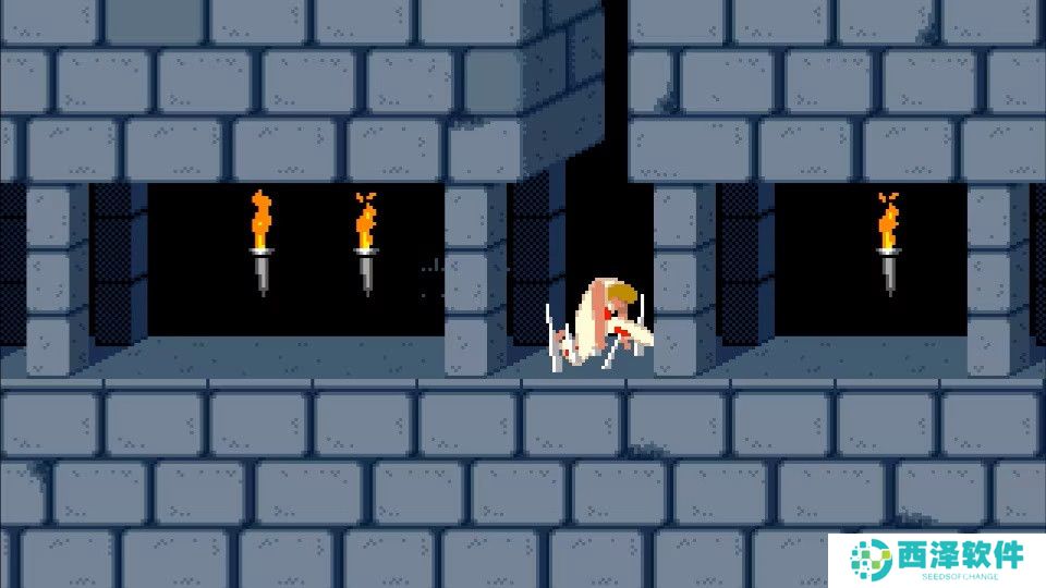 PC 版《波斯王子》中，王子发现了一个尖刺陷阱。